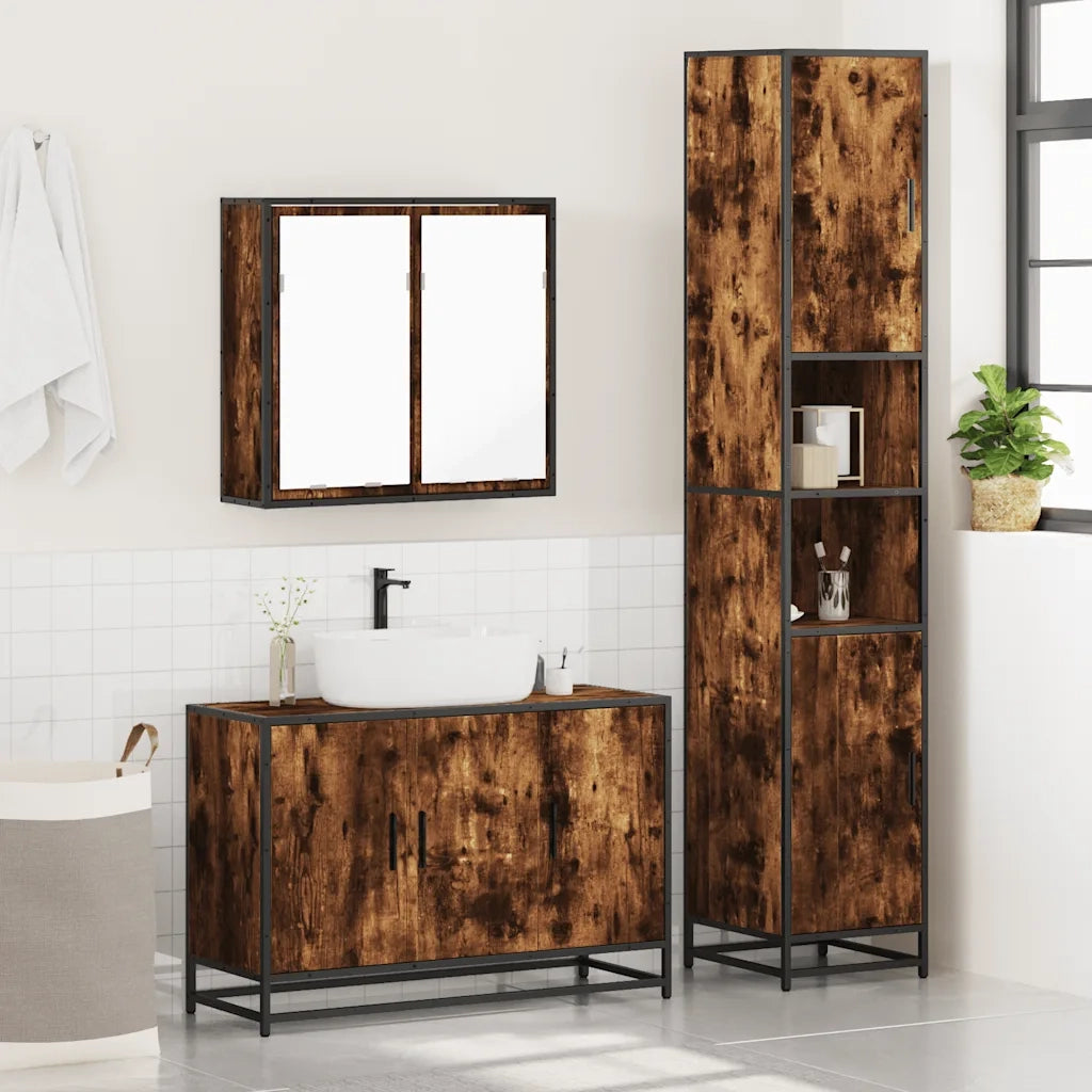 Set Mobili da Bagno 3 pz Rovere Fumo in Legno Multistrato 3301072