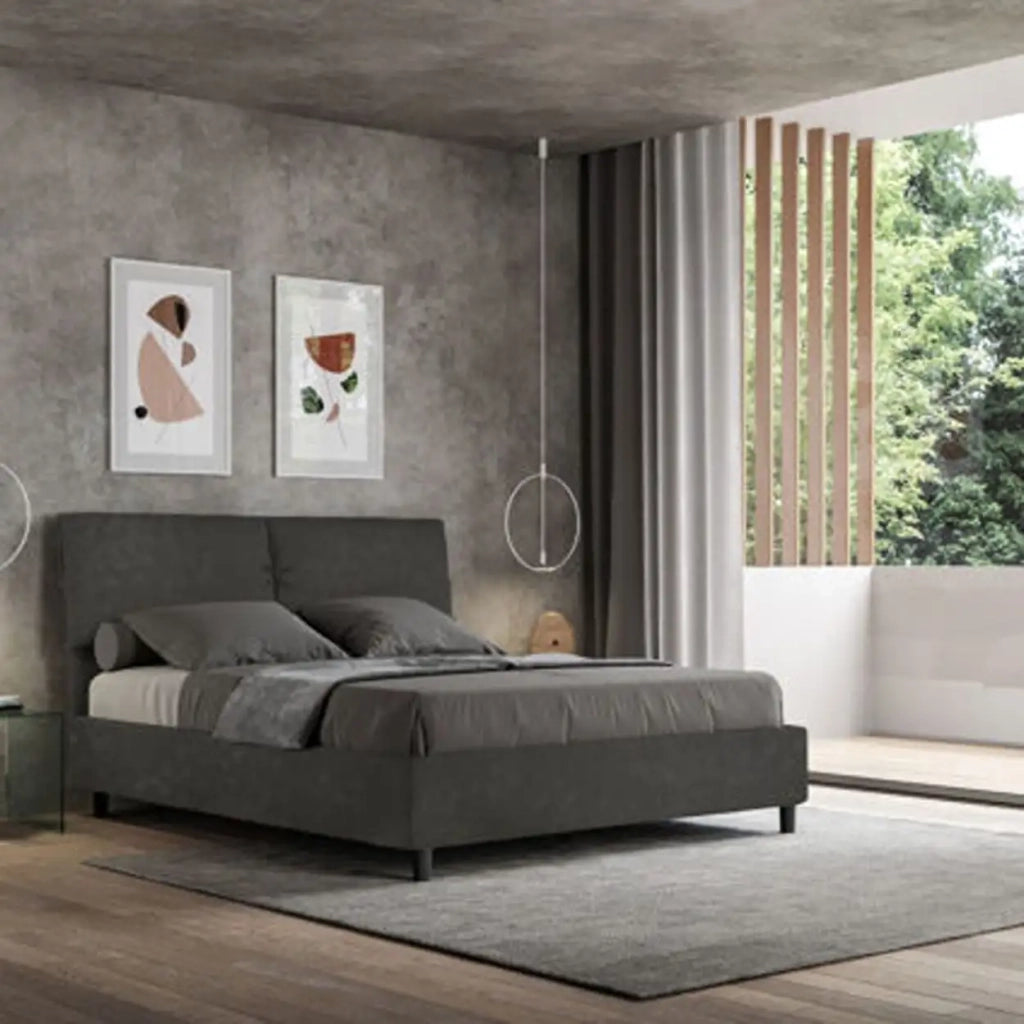 Letto matrimoniale con rete imbottito 160x200 microfibra grigio Mados