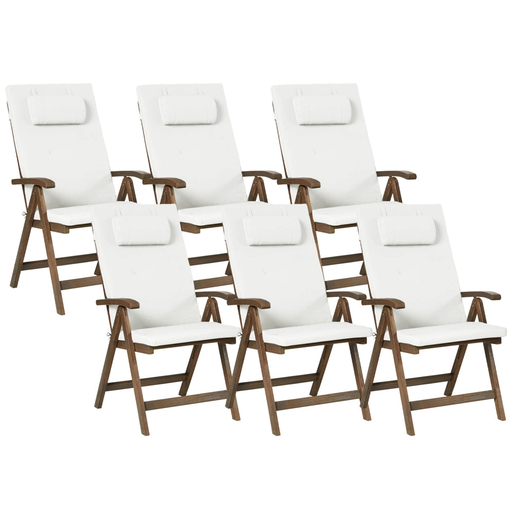 Set di 6 sedie da giardino in stile rustico in legno di acacia naturale, regolabili e pieghevoli con braccioli, cuscini marrone scuro e bianco sporco