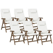 Set di 6 sedie da giardino in stile rustico in legno di acacia naturale, regolabili e pieghevoli con braccioli, cuscini marrone scuro e bianco sporco