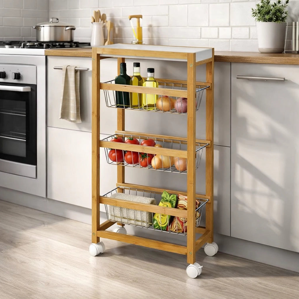 Carrello Cucina Slim Salvaspazio in Bambù con ruote 3 Cestelli e Vassoio