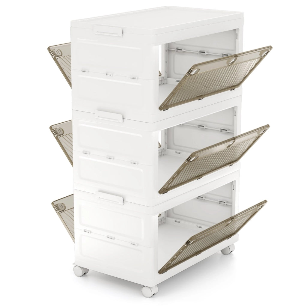 Contenitori di stoccaggio in plastica a 3 livelli, Scatole impilabili con coperchio Bianco + Marrone-Scaffali e librerie