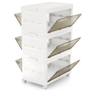 Contenitori di stoccaggio in plastica a 3 livelli, Scatole impilabili con coperchio Bianco + Marrone-Scaffali e librerie