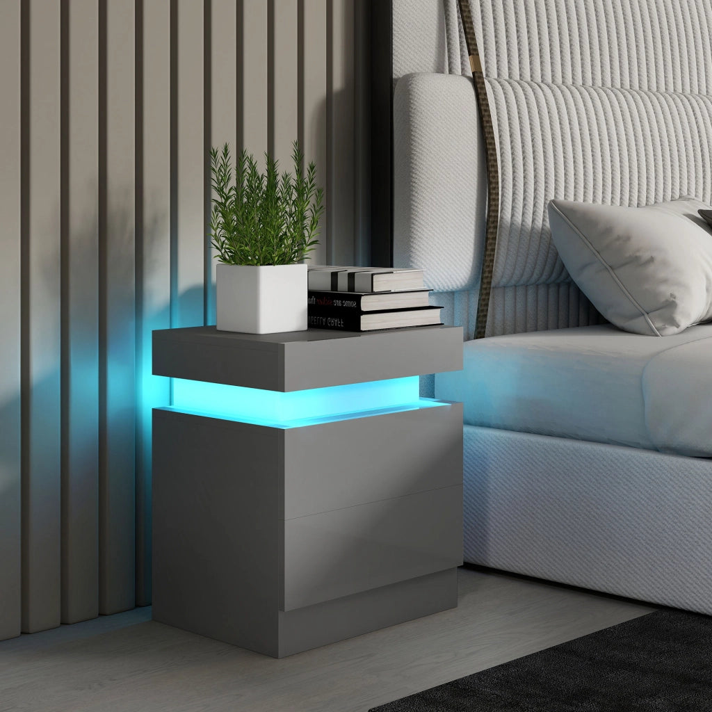 Comodino con Luci LED e 2 Cassetti ¨C zephmum ¨C Grigio 45x35x52 cm