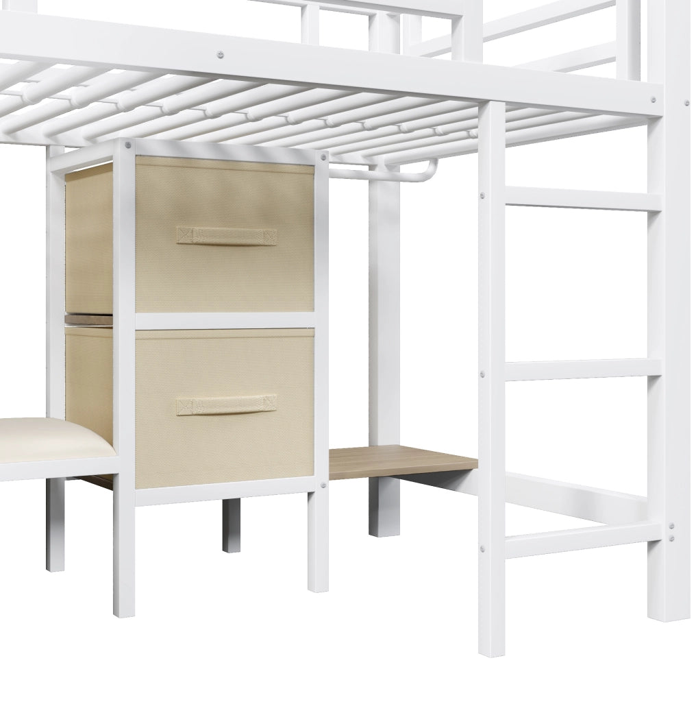 Letto medio alto 90x200 cm in metallo bianco con cuscino; LED multicolore e contenitore