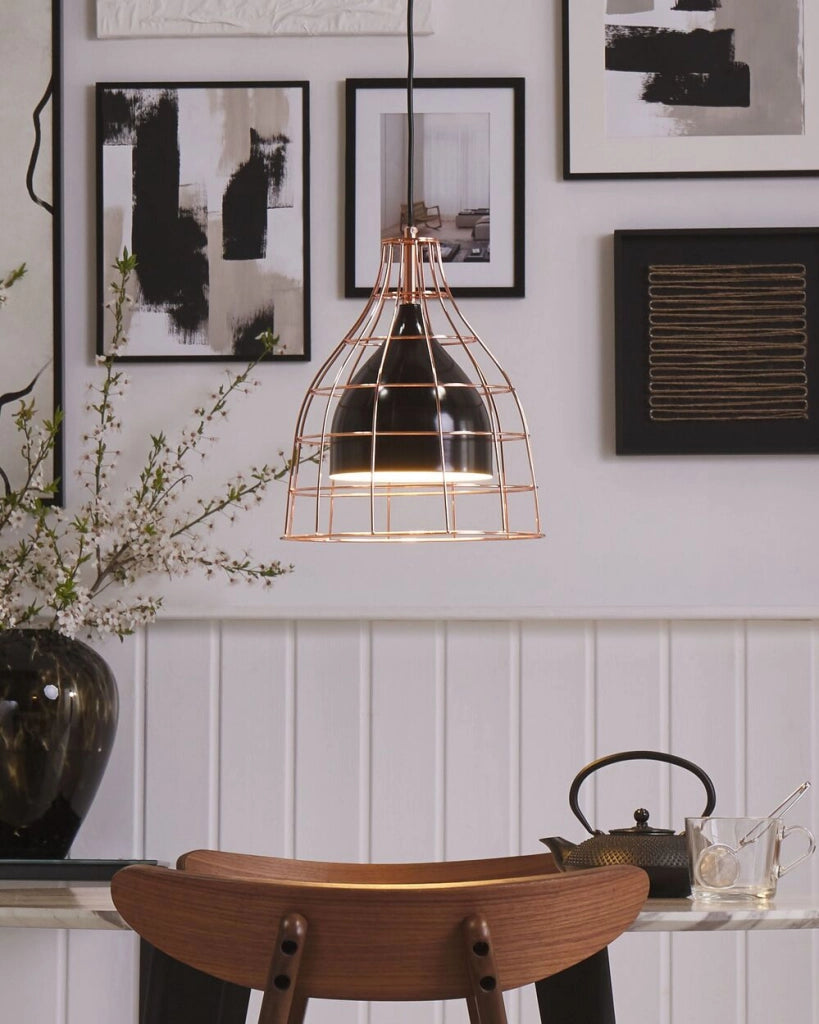 Lampada a sospensione in metallo Nero e rame con paralume a gabbia in rame industriale
