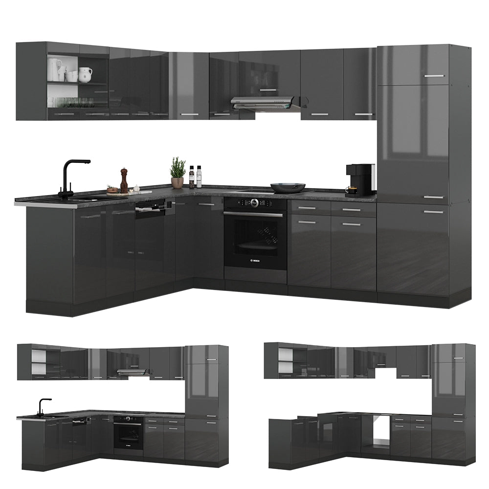 Cucina angolare completa R-Line Antracite lucido/Antracite 287 x 227 cm senza piano di lavoro Vicco
