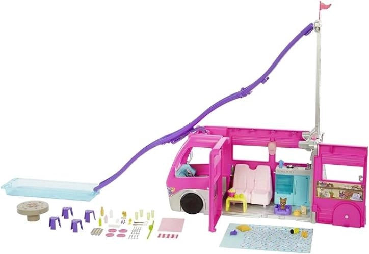 Barbie Camper barbie Camper dei Sogni Playset con Veicolo, con Ruote, Piscina, Scivolo, 7 Aree Gioco e Oltre 60 Accessor