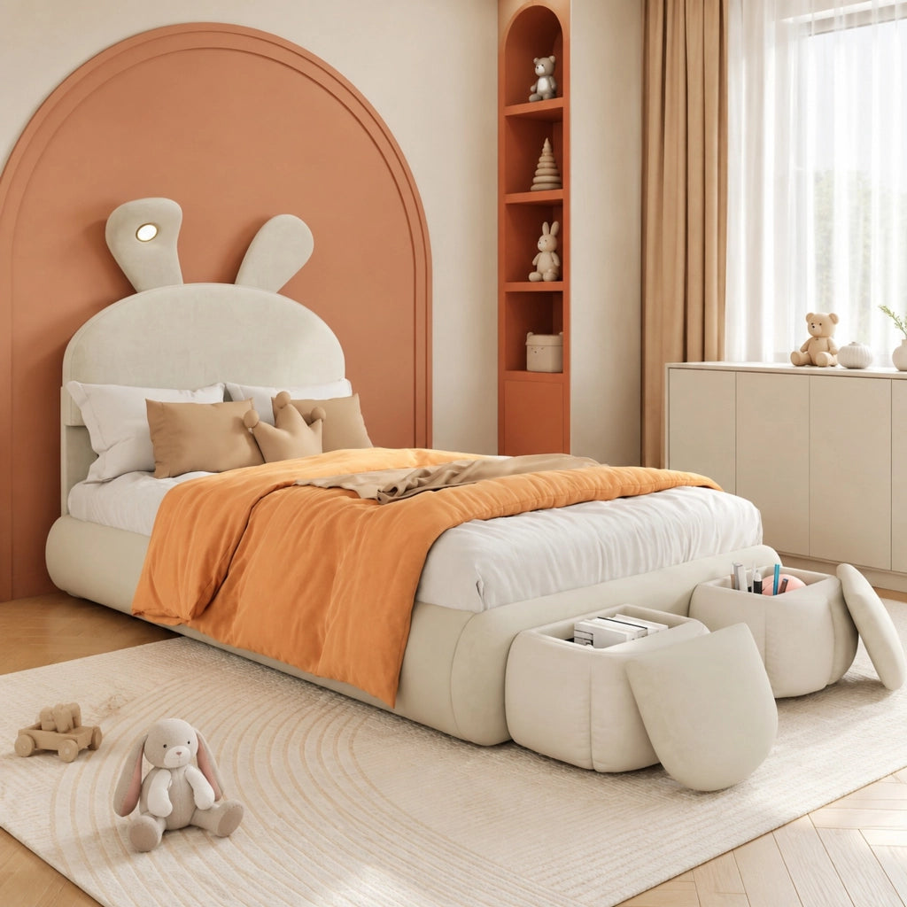 LETTO Singolo 90x200 cm in velluto beige con 2 pouf contenitore e luci LED