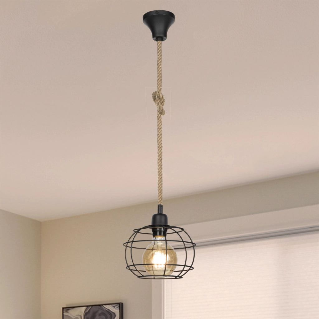 Lampada a Sospensione 'Altrincham' a Corda Iuta con Nodo e Paralume a Gabbia [lux.pro]