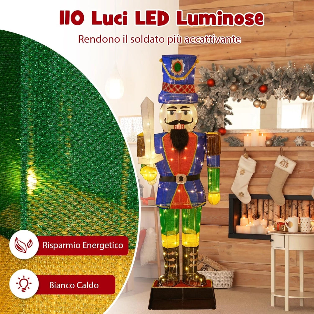 Soldato di Natale Illuminato 184 cm, Soldatino Schiaccianoci Illuminato con 110 Luci LED, Fascette e Base, Decorazioni Natalizie per Interno ed Esterno (1 Pezzi)