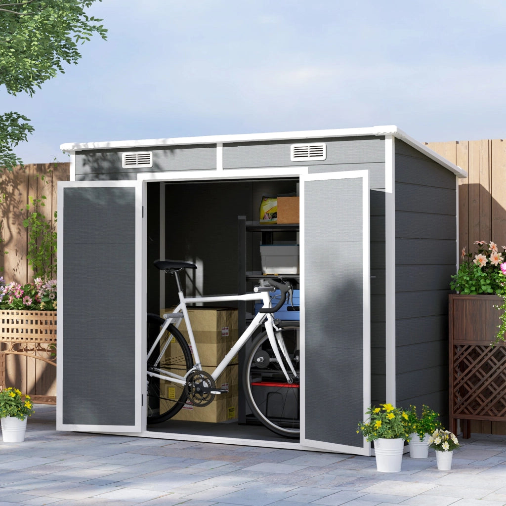 Casetta Box da Giardino 240x130 cm con Pavimento 2 Porte con Blocco e Finestra in Resina Grigio