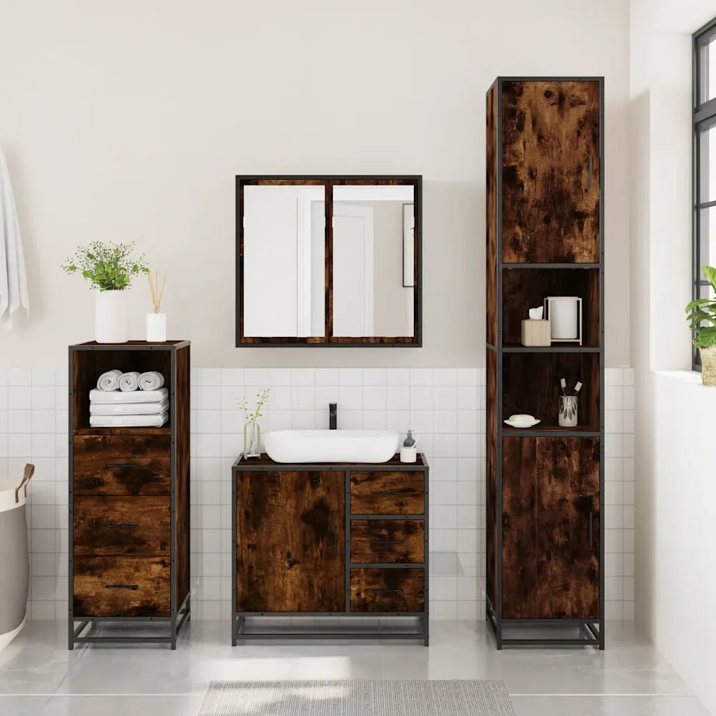 Set Mobili da Bagno | Armadio da bagno 3 pz Rovere Fumo in Legno Multistrato