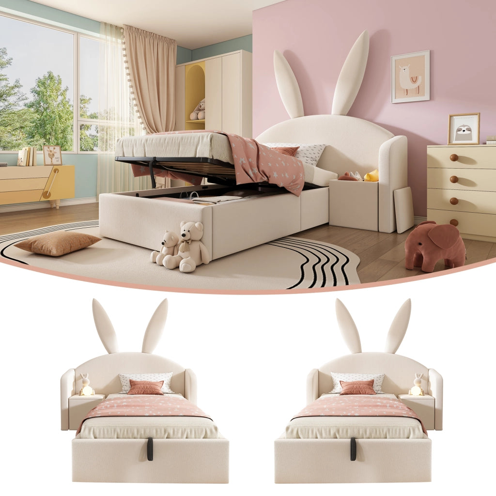 Letto Imbottito Singolo con Contenitore Idraulico e Comodino ¨C MINIMAL ¨C Velluto Beige 90x200