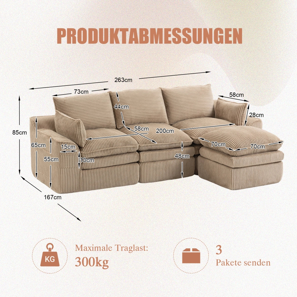 Divano modulare 3 posti in tessuto corduroy khaki con pouf, tasche laterali e cuscini