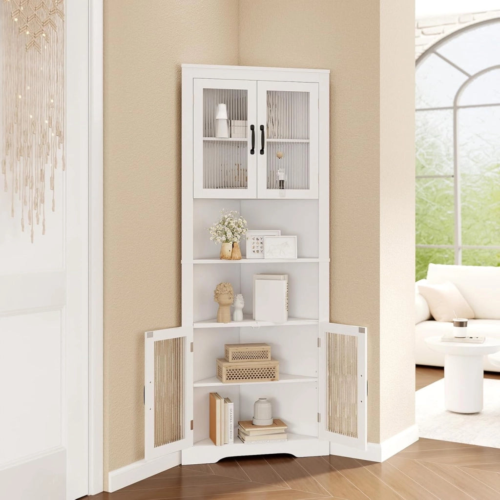 Armadio Angolare 66 x 35 x 171 cm, Mobile Bagno Triangolare Salvaspazio con 4 Ante in Vetro Temperato e Ripiani Regolabil, Mobile Angolare per Soggiorno, Cucina e Sala da Pranzo