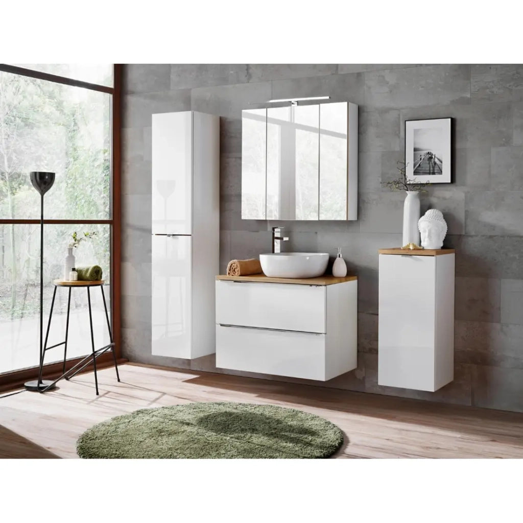 Mobile sottolavabo NALYA 80 cm – Bianco lucido e rovere chiaro – Design sospeso moderno