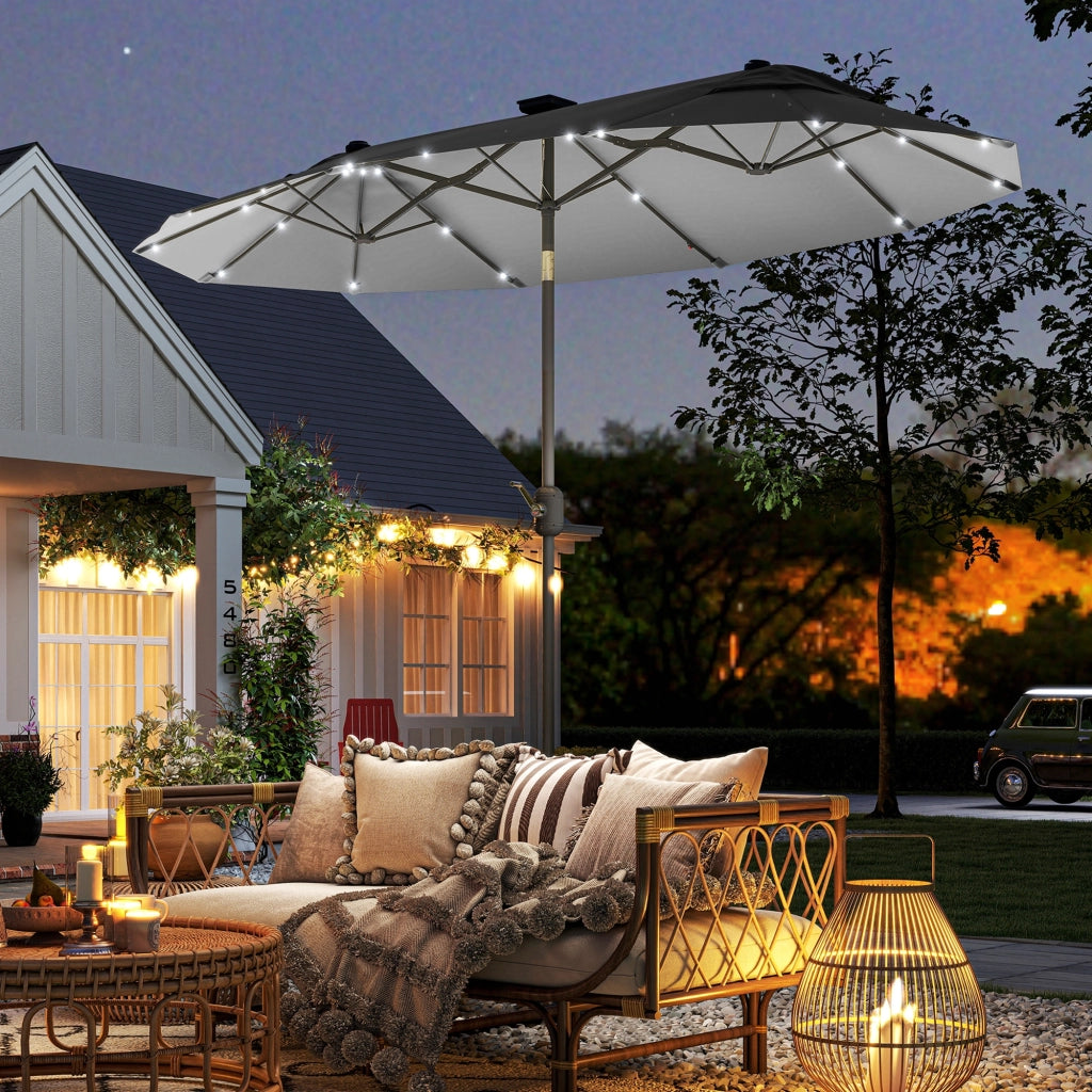 Ombrellone Doppio da Giardino con LED Solari ¨C Xylo ¨C 295x150x219 cm Grigio Inclinabile