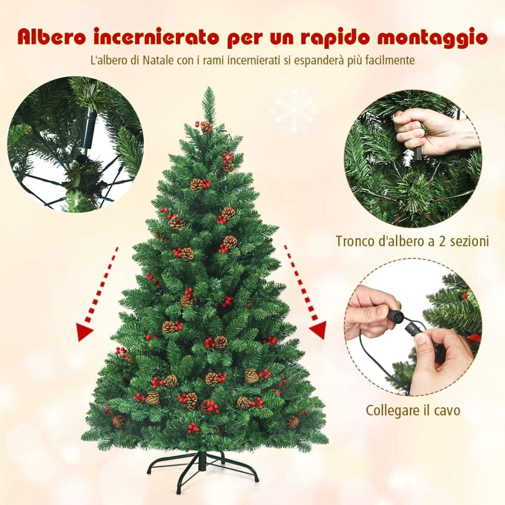 Albero di Natale da 135/195 cm, Albero di Natale Artificiale con 300/450 Luci LED Bianco Caldo, 516/1100 Rami, 32/56 Pigne e 32/56 Bacche Rosse e Base in Metallo, Verde (135cm)