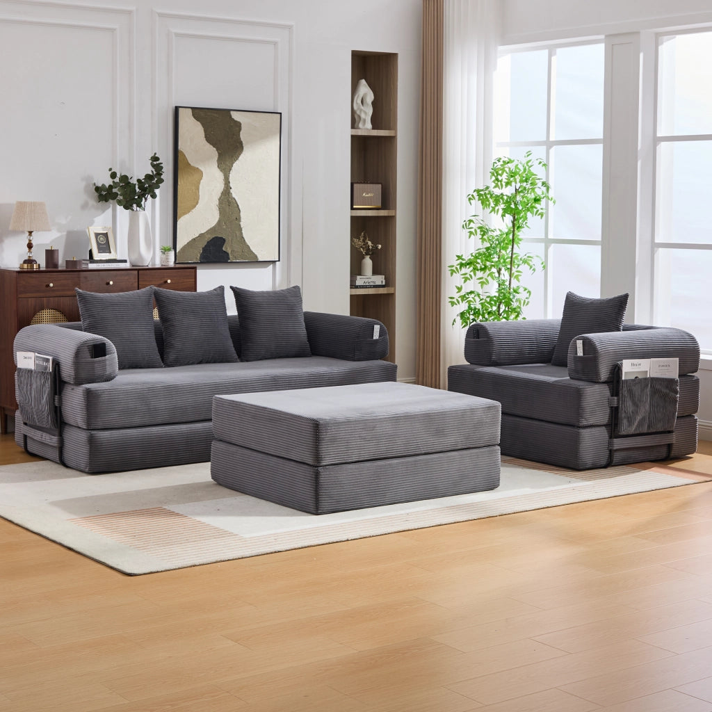 DIVANO Modulare in velluto a coste grigio scuro con pouf e 3 cuscini