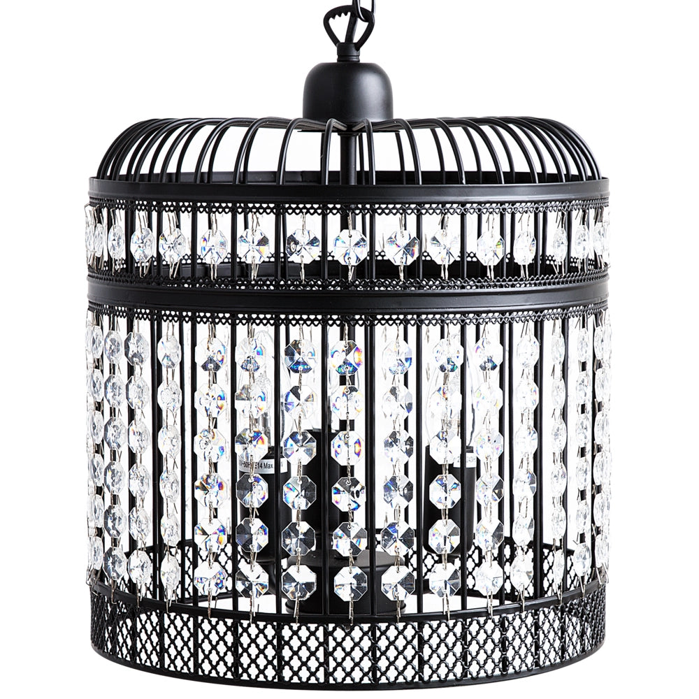 Lampada a Sospensione a Soffitto Gabbia in Metallo Nero Paralume Aperta Finti Cristalli Vintage Glamour