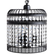 Lampada a Sospensione a Soffitto Gabbia in Metallo Nero Paralume Aperta Finti Cristalli Vintage Glamour
