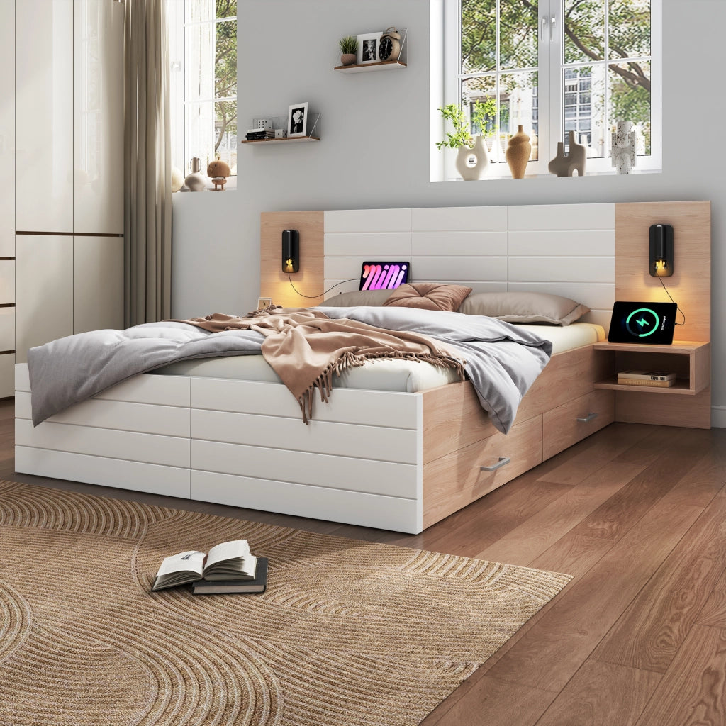LETTO Contenitore 140x200 cm Bianco e Rovere con 2 cassetti