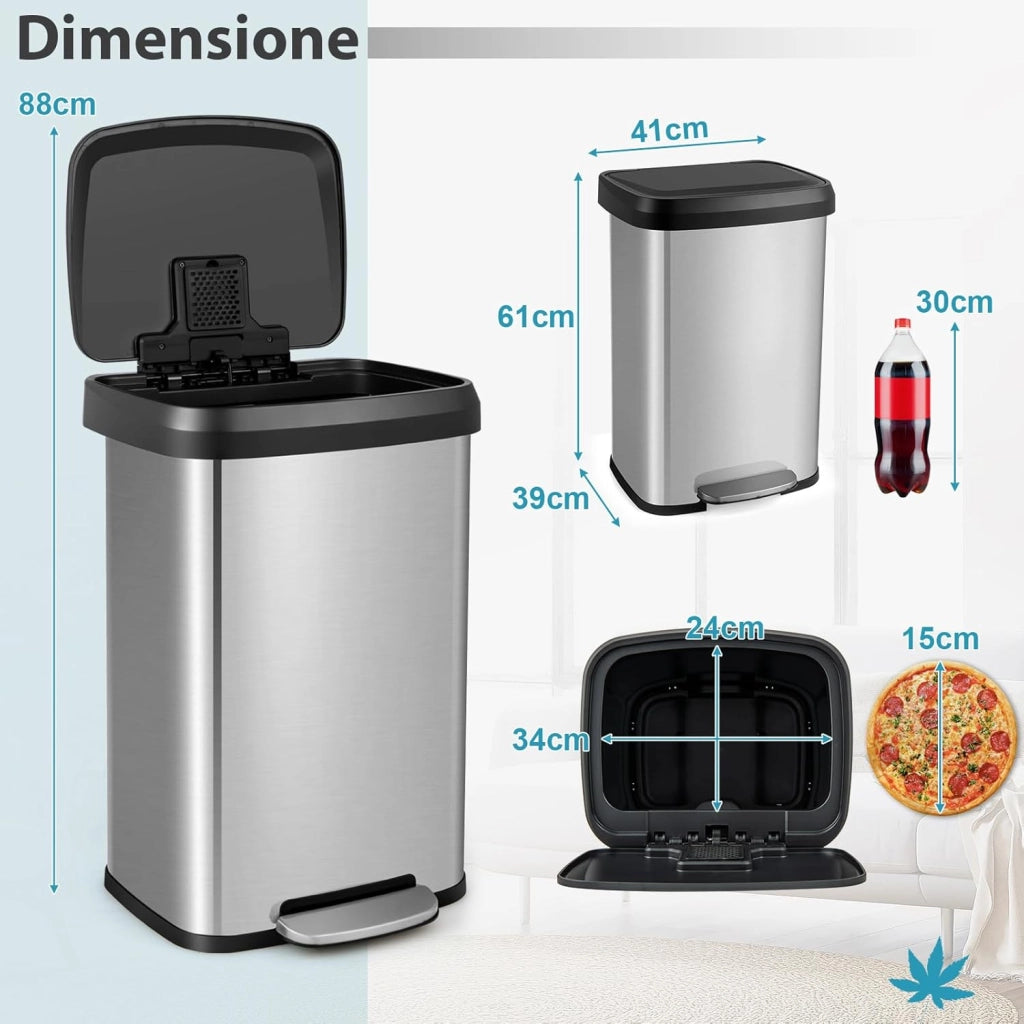 Bidone per Pattumiera da 50 L, Pattumiera da Cucina con Pedale, Coperchio e Scomparto Deodorante, Ideale per Casa Ufficio, Rosa Dorato/Argento (50L, Argento)