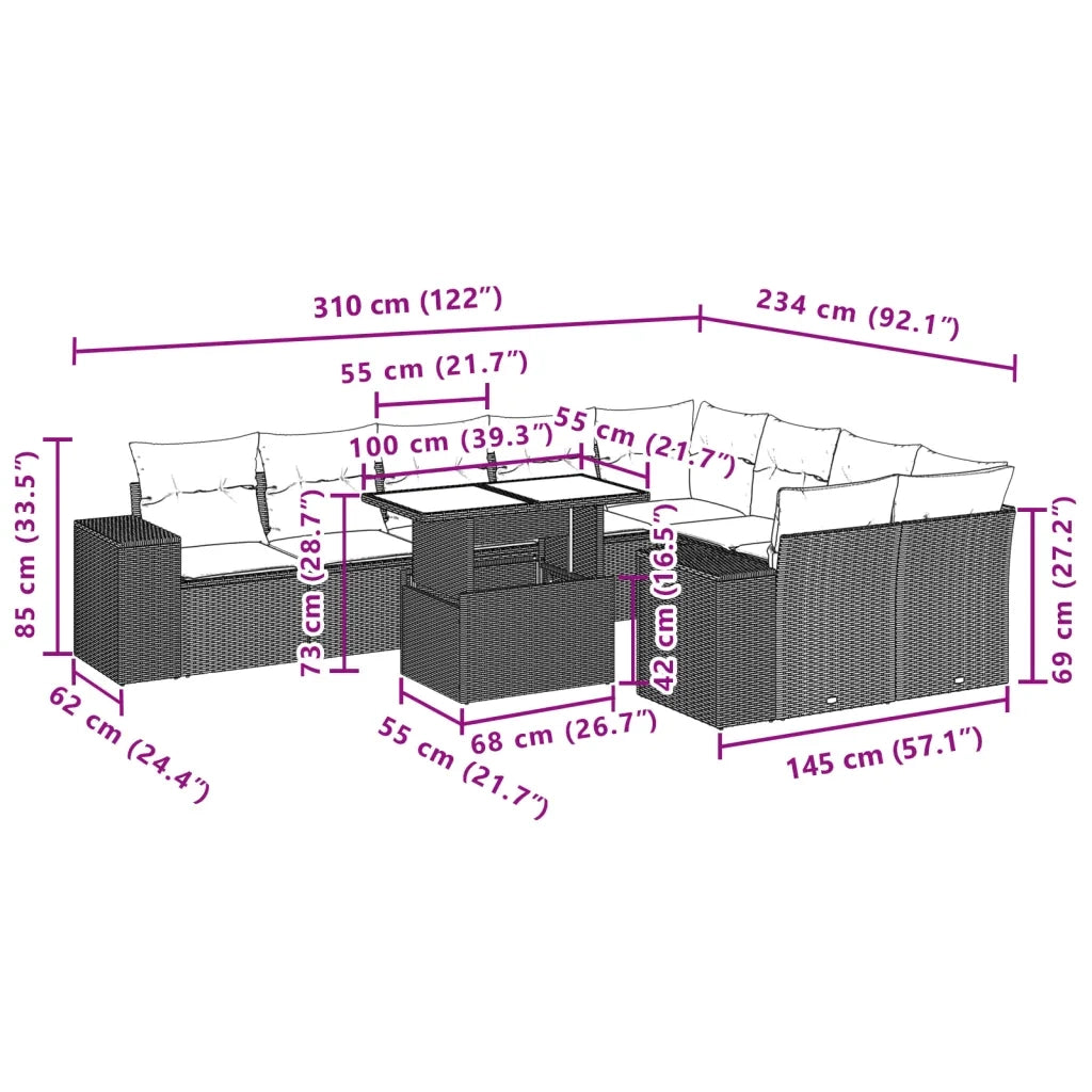 Set Divano Giardino 10 pz con Cuscini Grigio Chiaro Polyrattan 3269392