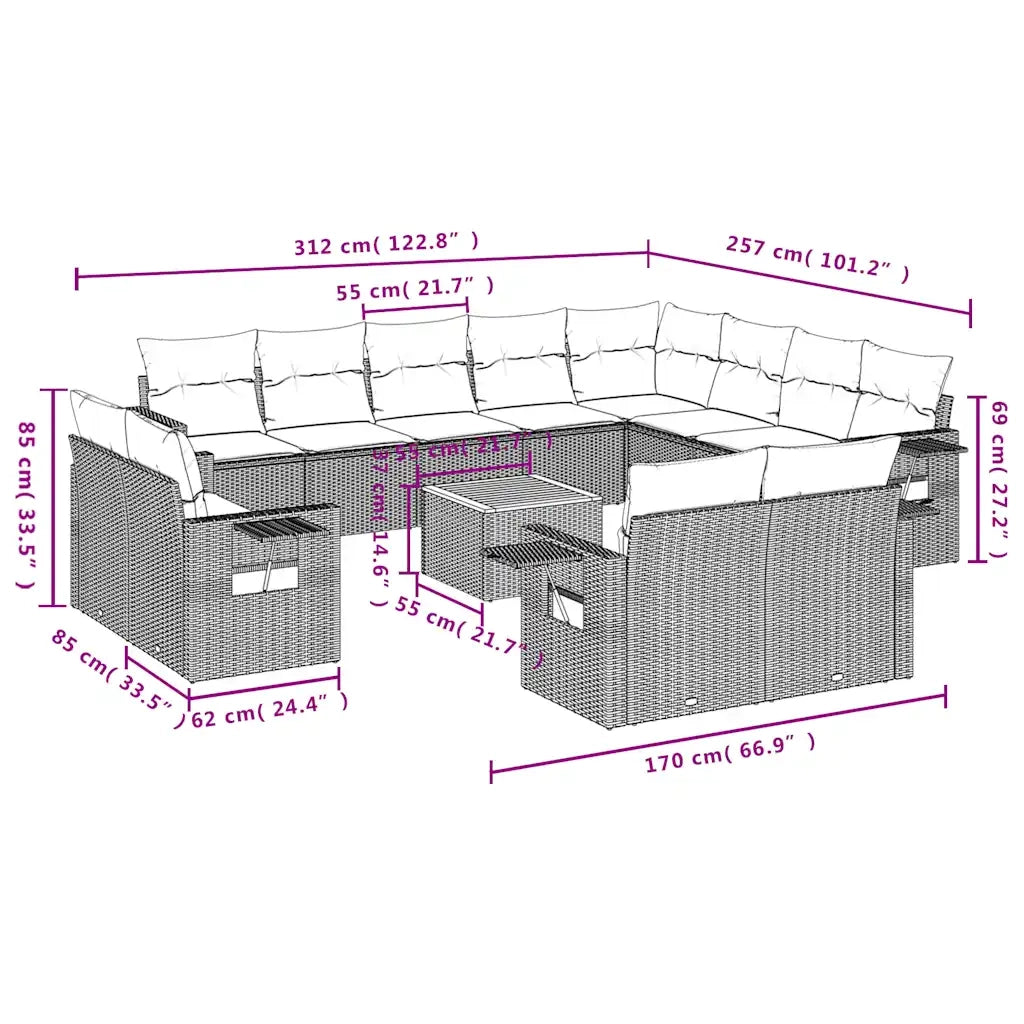 Set Divani da Giardino 13 pz con Cuscini Grigio in Polyrattan 3224836