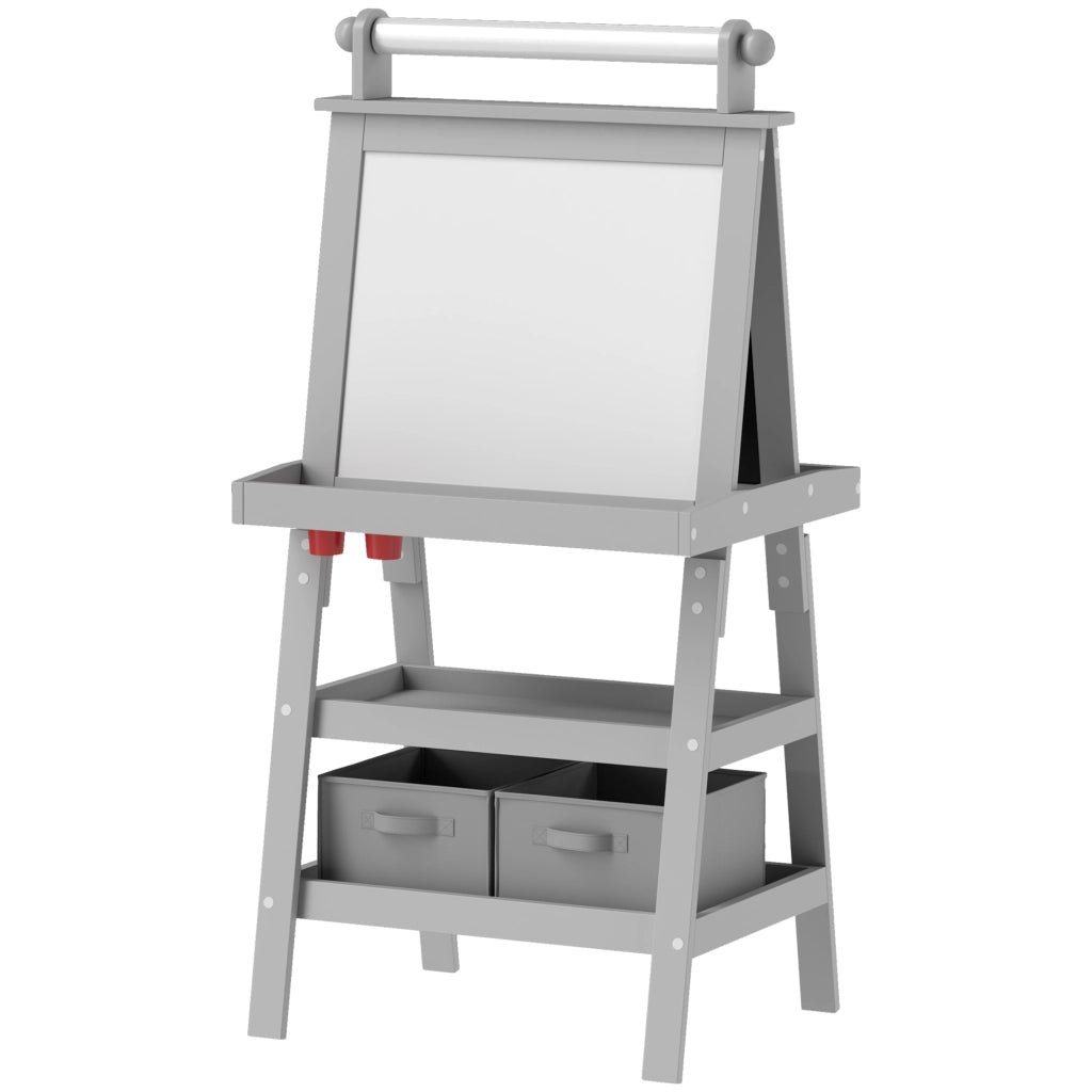 Cavalletto per bambini 3 in 1 con lavagna bianca magnetica, lavagna a gesso, rotolo di carta e 2 cesti ¨C Minimal ¨C Grigio