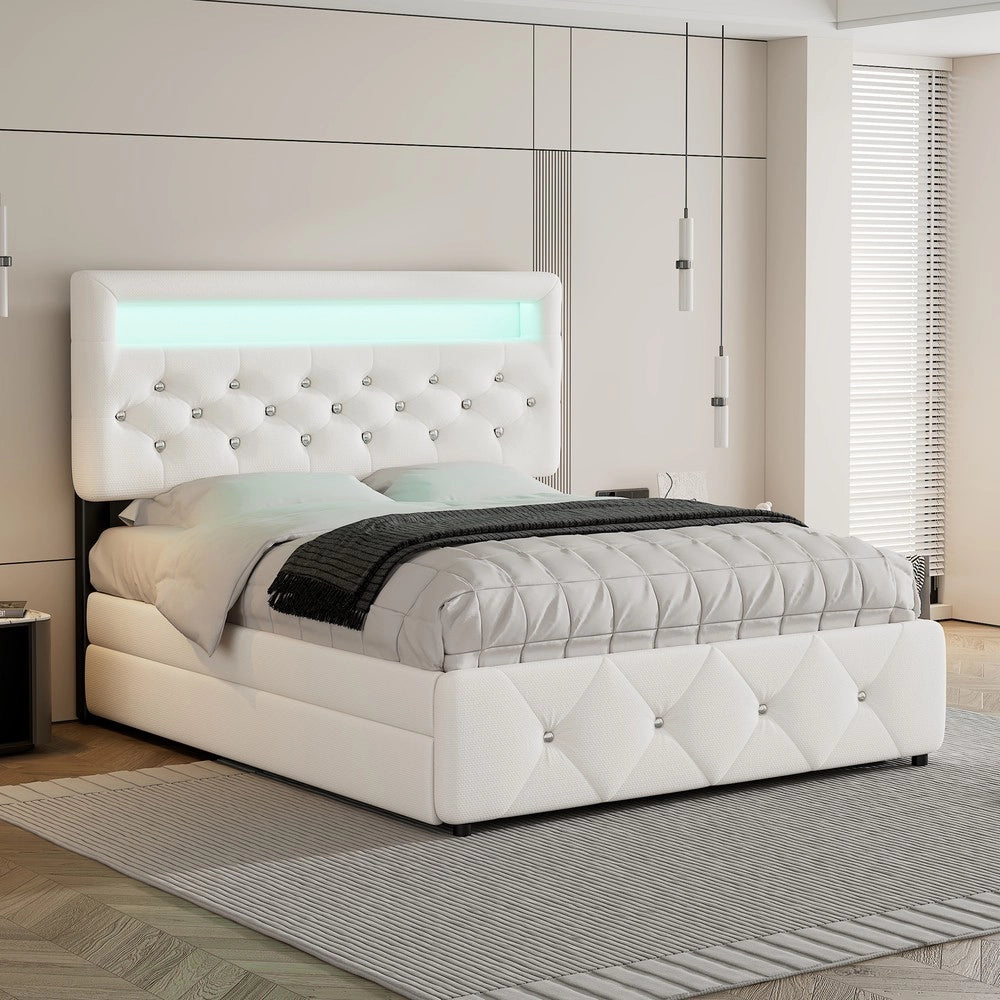 Letto Imbottito Contenitore con Cassetti e Comodino LED ¨C MINIMAL ¨C Bianco 140x200