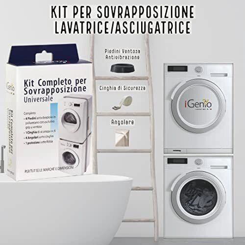 Igenio 999 Kit Sovrapposizione Colonna Lavatrice Asciugatrice Universale 4 Piedini Antivibrazione Cinghia Sicurezza 6 m colore Bianco