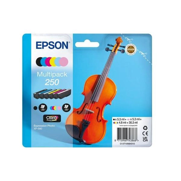 Epson 250 violin claria photo hd cartuccia d'inchiostro 6 pz originale nero, ciano, ciano chiaro, magenta chiaro, magenta, bianco - C13T16N84010