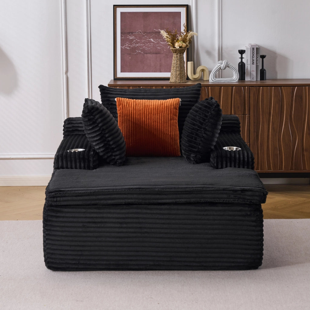 Divano chaise longue senza assemblaggio con cuscini e portabicchieri per salotto in velluto a coste nero 2 pezzi