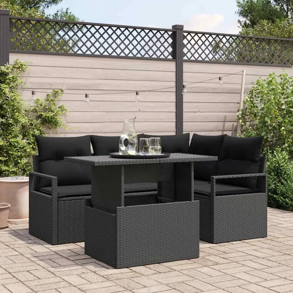 Set Divano da Giardino con cuscino 5 pcs Nero polyrattan