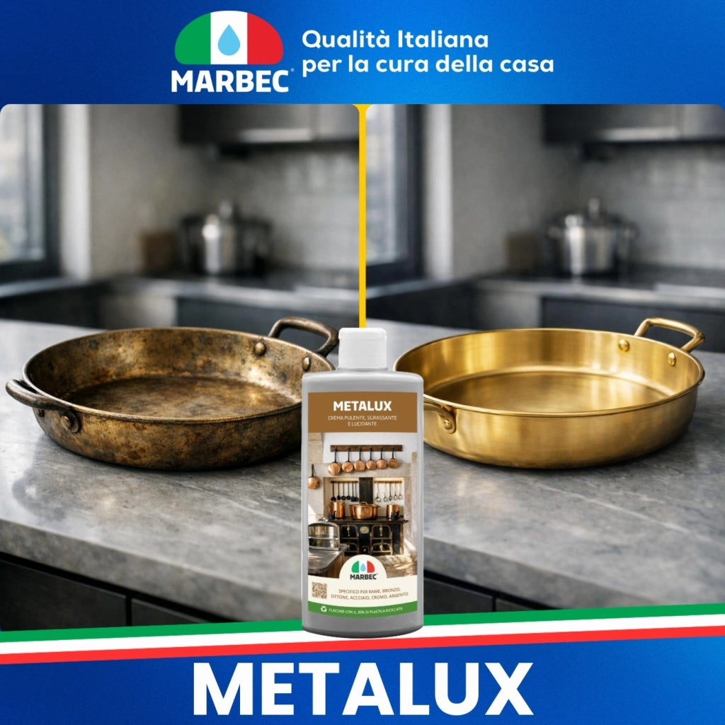 Crema lucidante metalli, pulizia e brillantezza in un solo gesto, ideale per rame e acciaio Marbec METALUX - 250GR