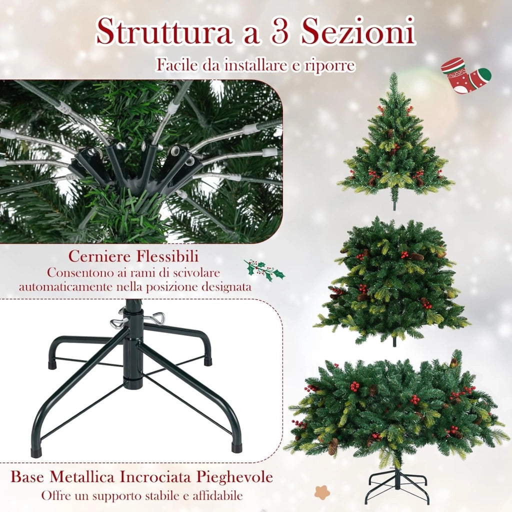 Albero di Natale Artificiale 150/180 cm, con 250/370 Luci RGB Multicolori Controllabili tramite APP, 584/1054 Rami in PE & PVC, 23/41 Pigne e 23/41 Bacche Rosse e Controllo Remoto (180 cm)