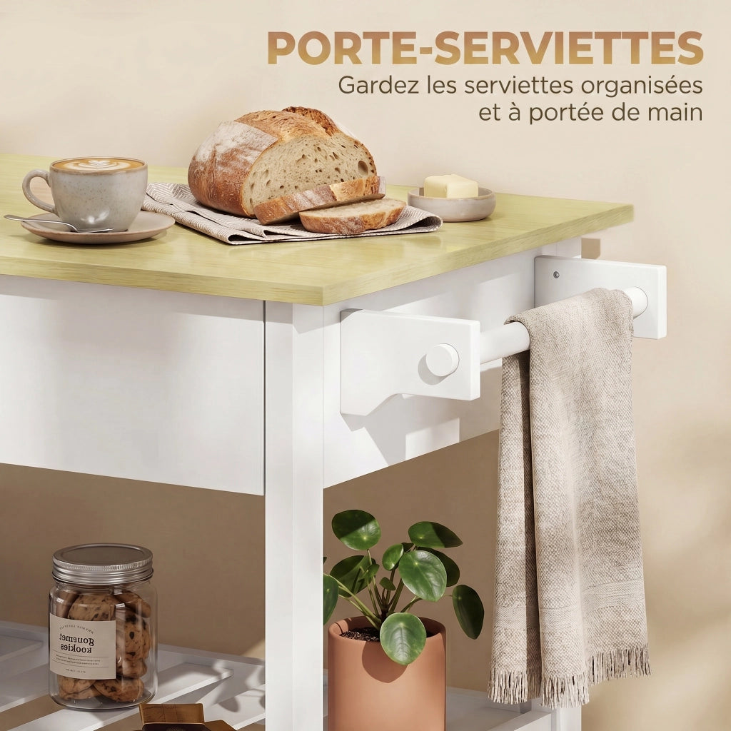 Carrello cucina con ruote ¨C Xylo ¨C piano lavoro, cassetto, ripiani, portasciugamani, bianco