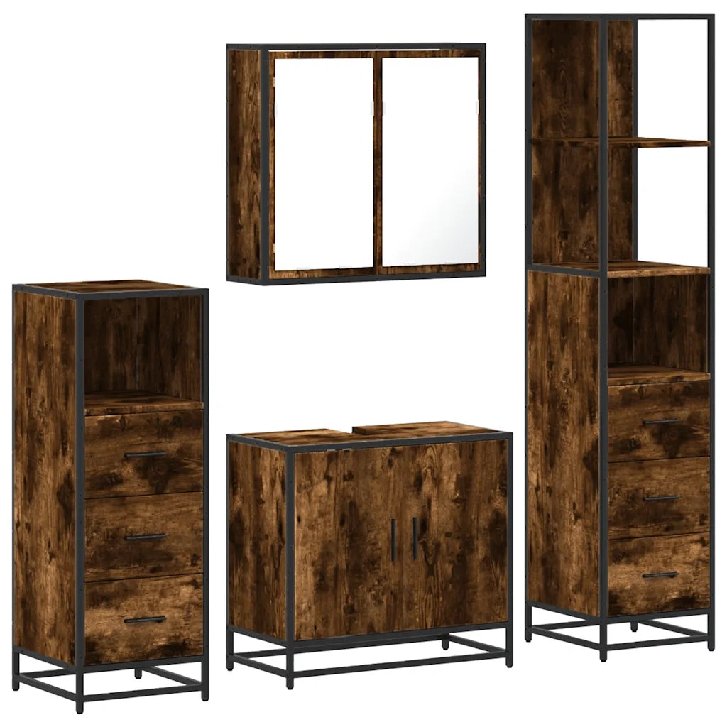 Set Mobili da Bagno | Armadio da bagno 4 pz Rovere Fumo in Legno Multistrato