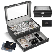 Cassaforte per orologi 12 fessure - Luxe box orologi - Nero PU - Organizzatore orologi - Adatto per orologi/anelli - Coperchio in vetro