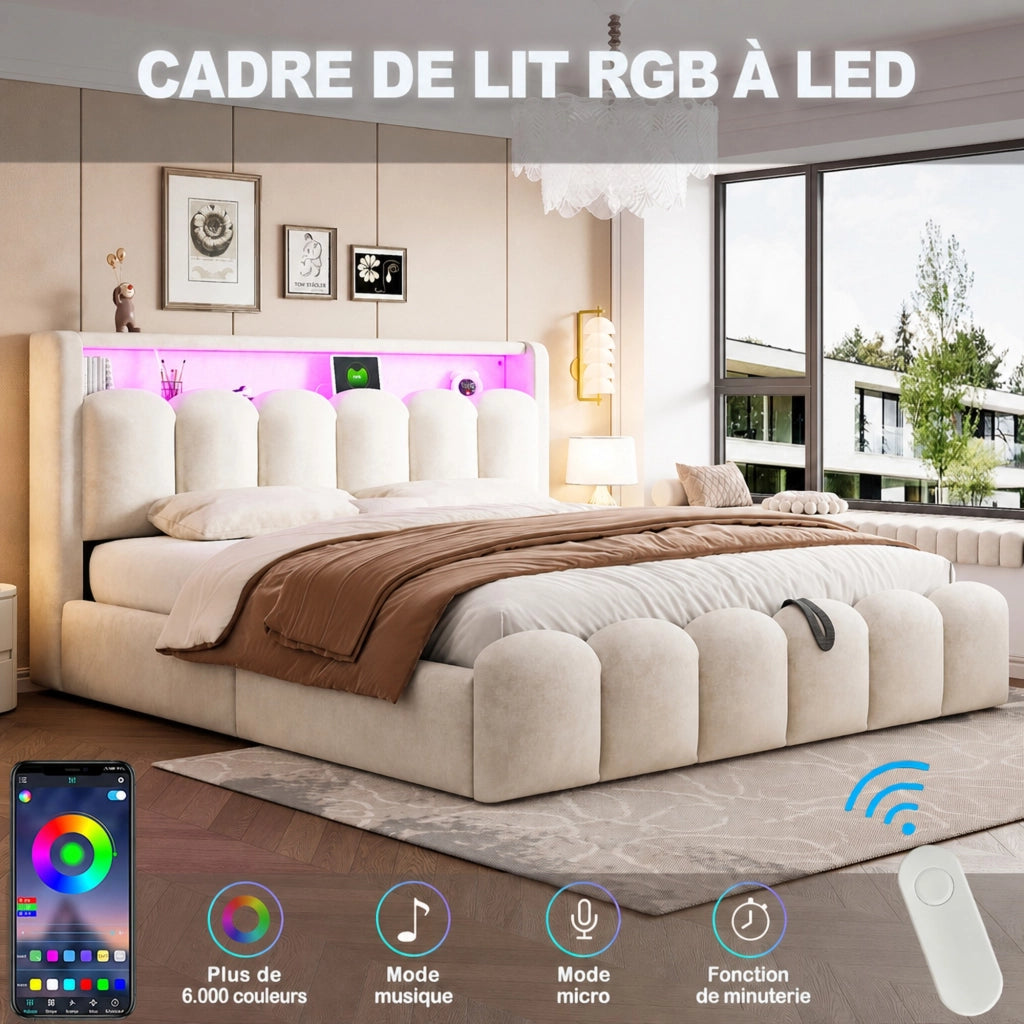 DESMIU Letto Contenitore 180 × 200 cm 2 Posti con LED, USB, Type-C e vani, senza materasso, Beige