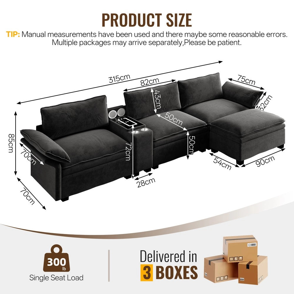 Divano Angolare Modulare con Contenitore, Portabicchieri e Luce ¨C Xylo ¨C Chenille Nero 315cm