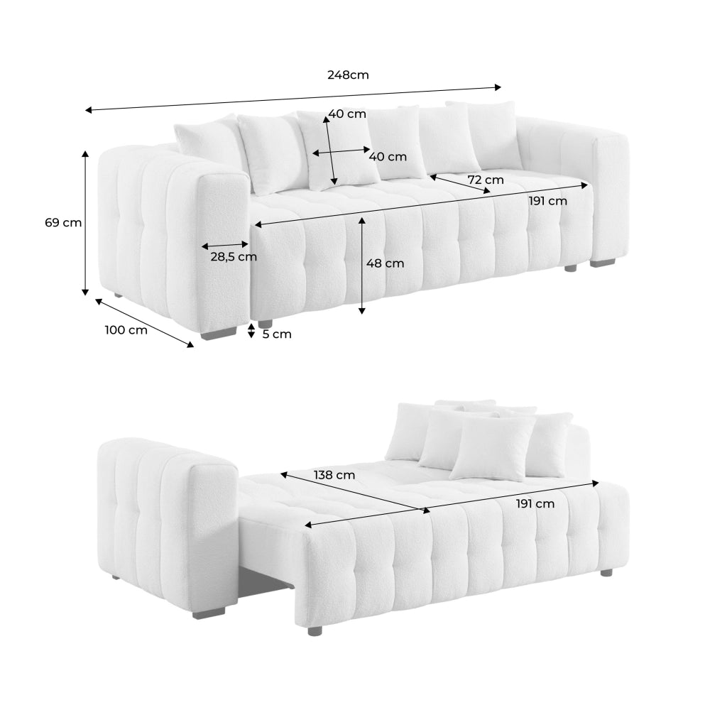 Divano letto in bouclé compresso testurizzato con contenitore, beige