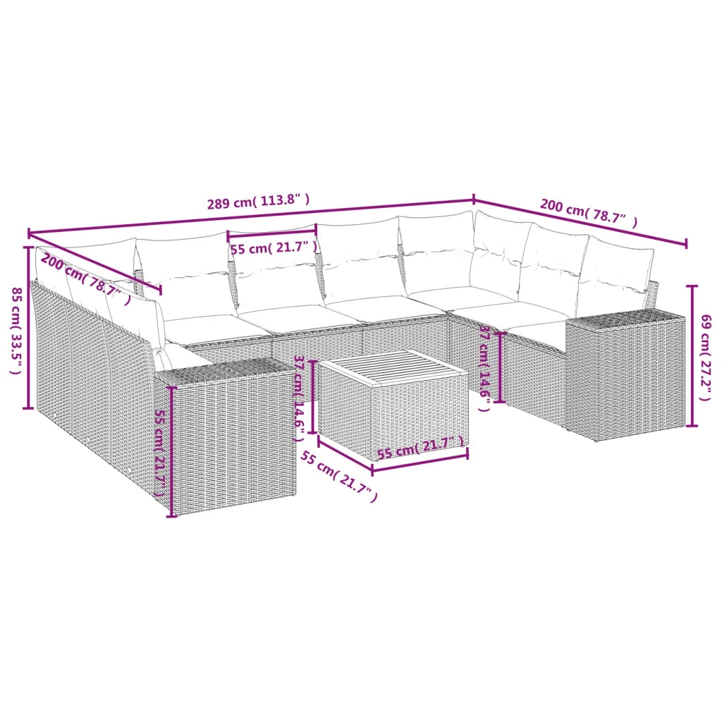 Set Divani da Giardino 10pz con Cuscini in Polyrattan Nero