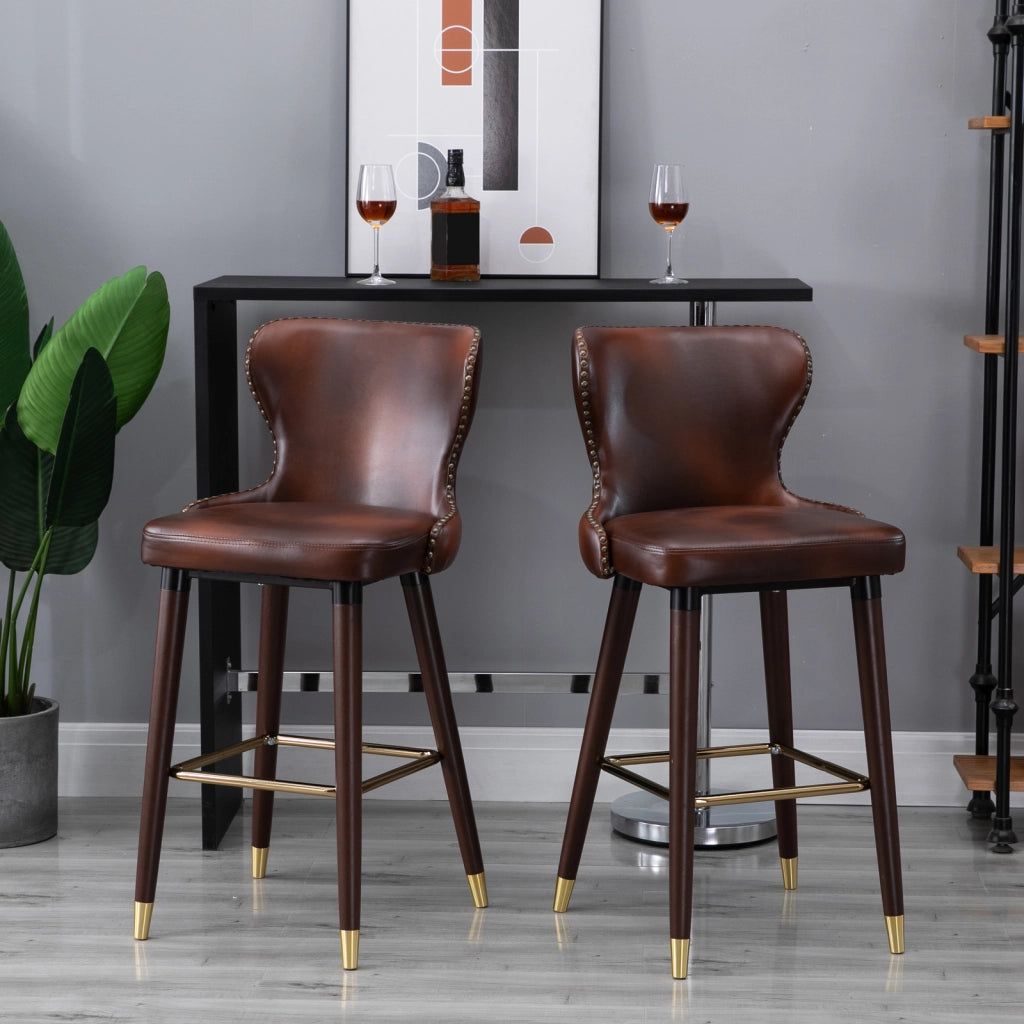 Set di 2 Sedie da Bar con Schienale e Poggiapiedi ¨C Minimal ¨C Pelle Sintetica Marrone 52x53x101 cm