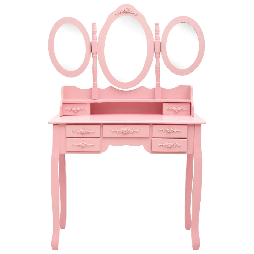 Toeletta | Tavolo da Trucco con Sgabello e Specchio Pieghevole in 3 Rosa