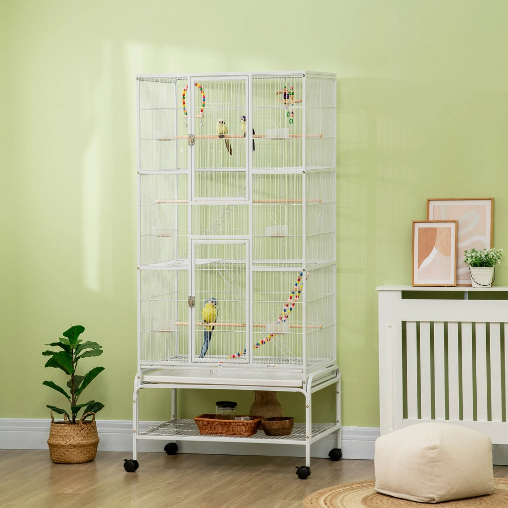 Gabbia per Uccelli ¨C Xylo ¨C Acciaio e PP con Posatoi, Giochi, 83x53x180 cm, Bianco