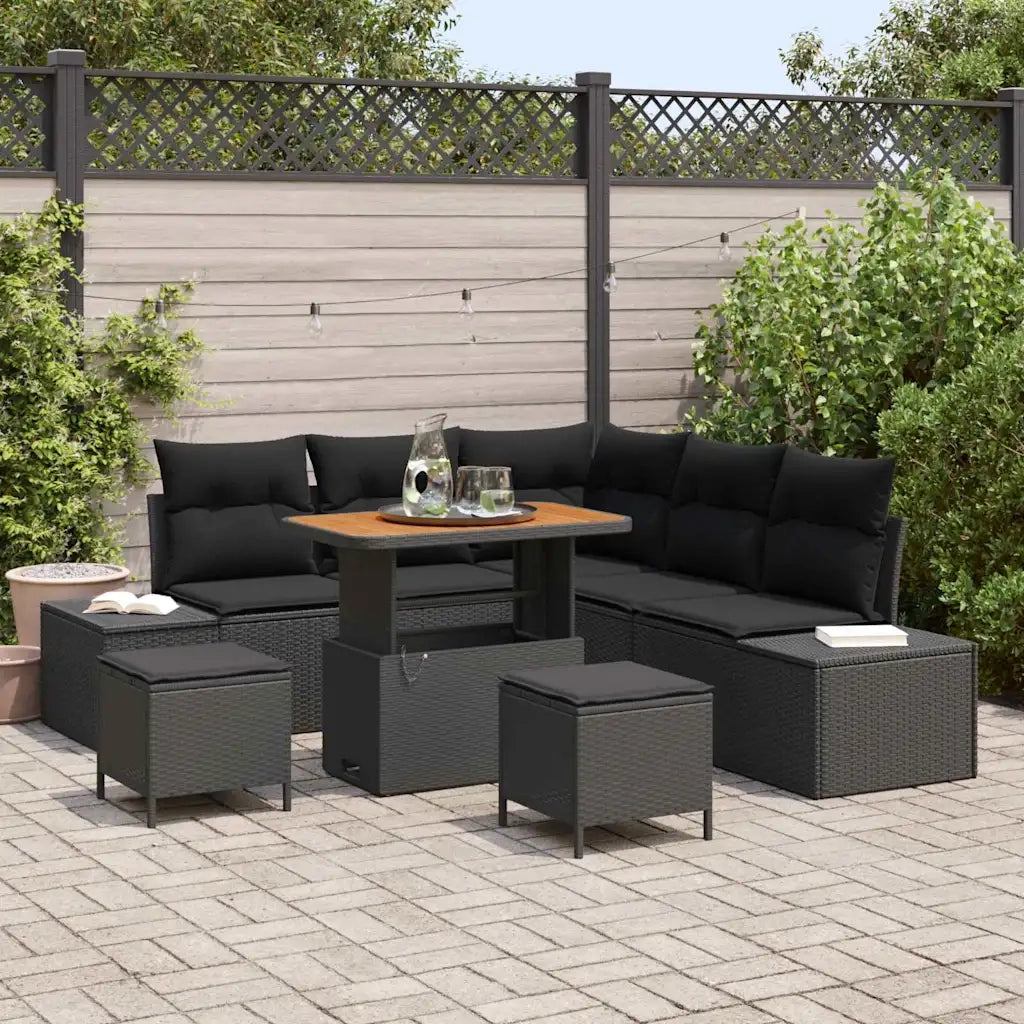 Set Divano da Giardino con cuscino 8 pcs Nero polyrattan