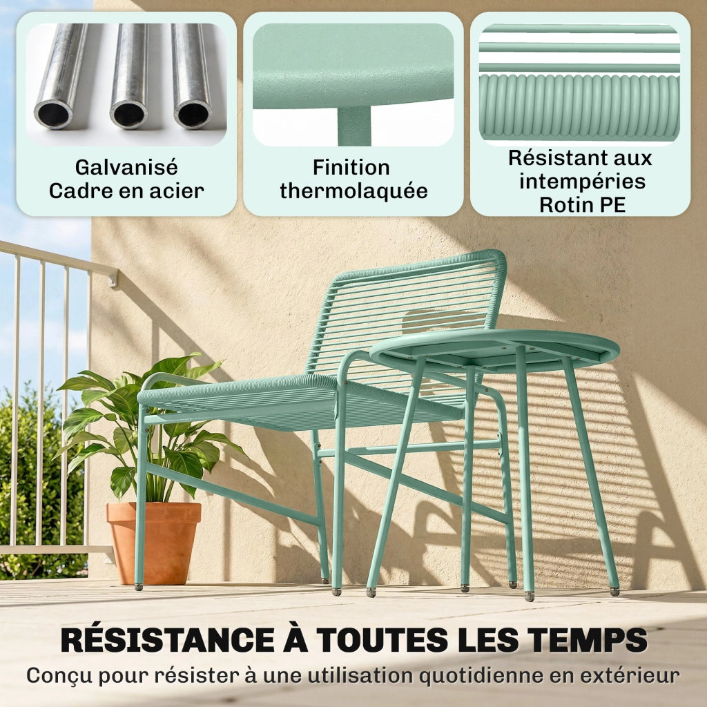 Set Giardino 3 Pezzi in Resina Intrecciata e Acciaio ¨C zephmum ¨C Verde, Tavolo Rotondo con 2 Sedie, 58x67x75cm